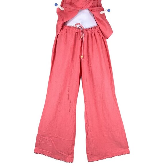 Oh My Gauze Women M Coral Smocked Strapless Top Wide Leg Pant Two Piece Set Boho - Picture 5 of 16